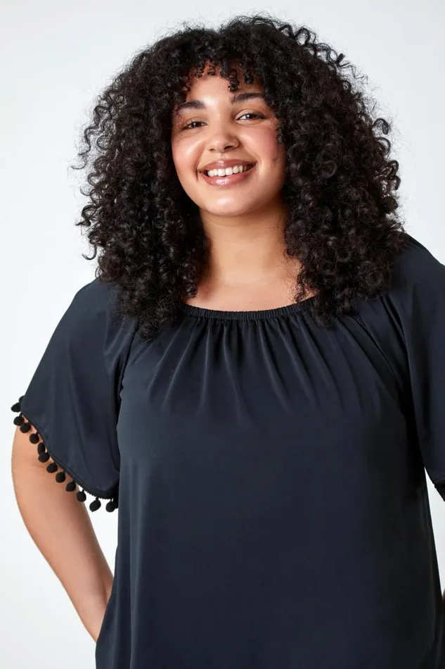 Black Curve Pom Pom Trim Stretch Bardot Top Women Roman Tops