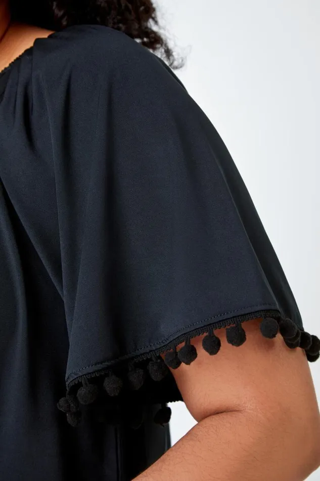 Black Curve Pom Pom Trim Stretch Bardot Top Women Roman Tops