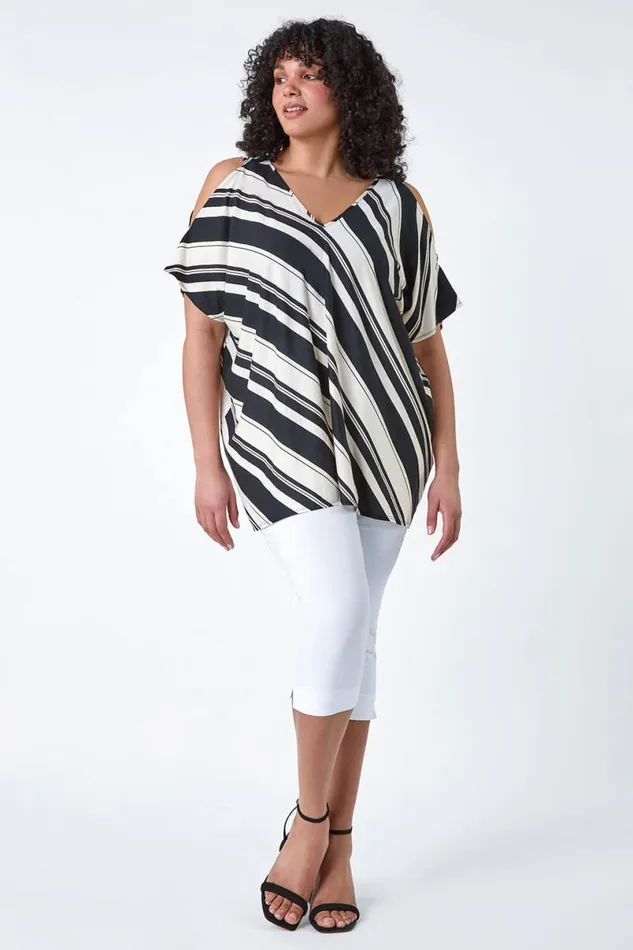 Black Curve Stripe Print VNeck Cold Shoulder Top Women Roman Tops