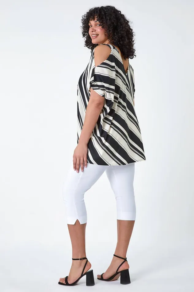 Black Curve Stripe Print VNeck Cold Shoulder Top Women Roman Tops