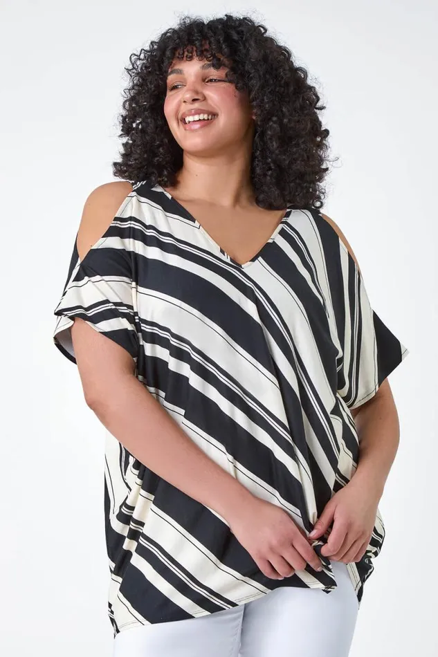 Black Curve Stripe Print VNeck Cold Shoulder Top Women Roman Tops