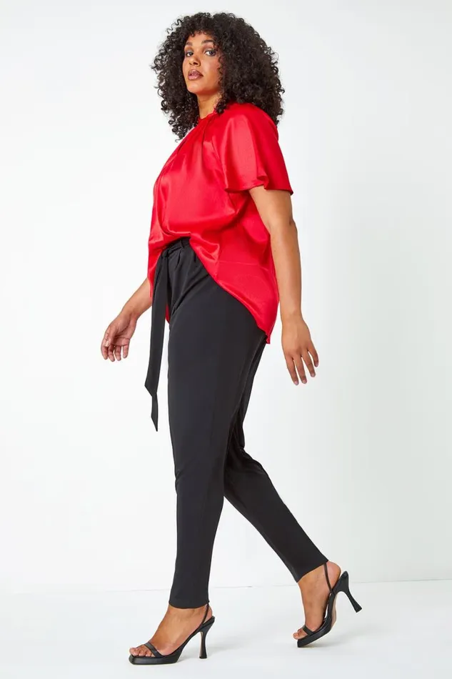 Black Curve Tapered Belted Stretch Trousers Women Roman Trousers