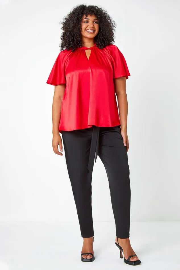 Black Curve Tapered Belted Stretch Trousers Women Roman Trousers
