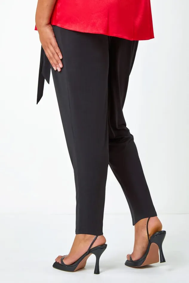 Black Curve Tapered Belted Stretch Trousers Women Roman Trousers