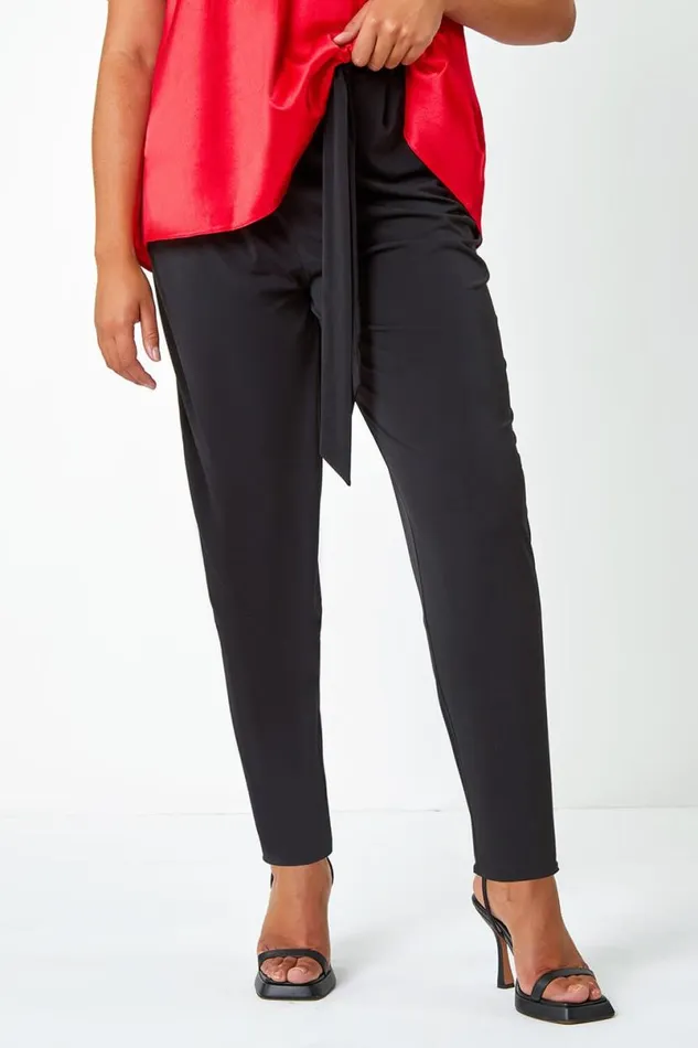 Black Curve Tapered Belted Stretch Trousers Women Roman Trousers