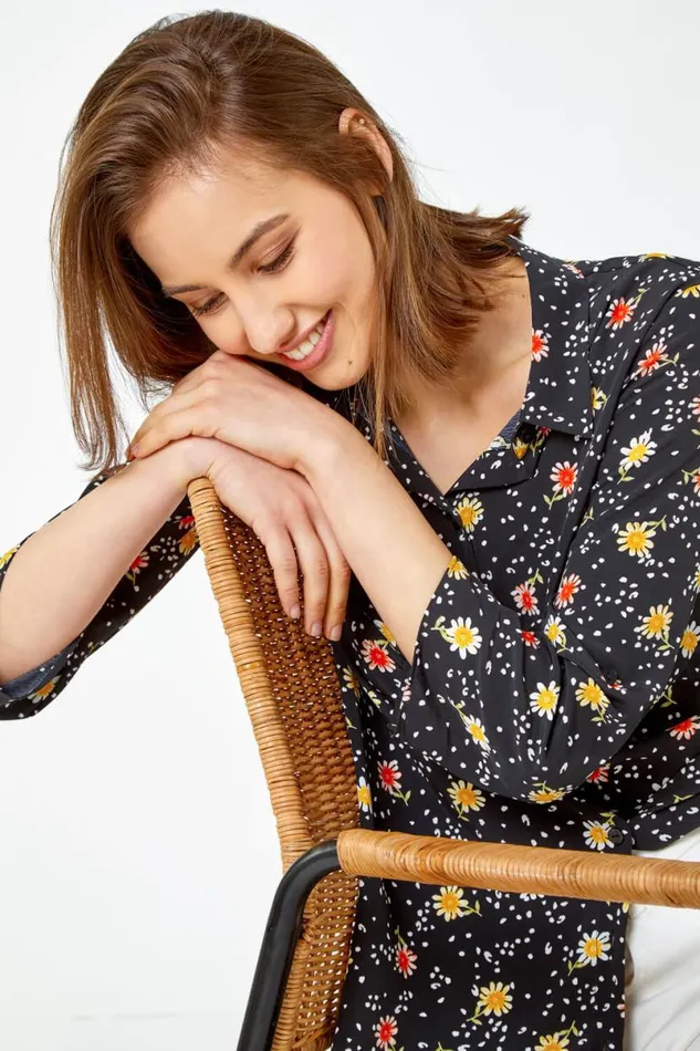 Black Daisy Print Longline Tunic Shirt Women Roman Tops
