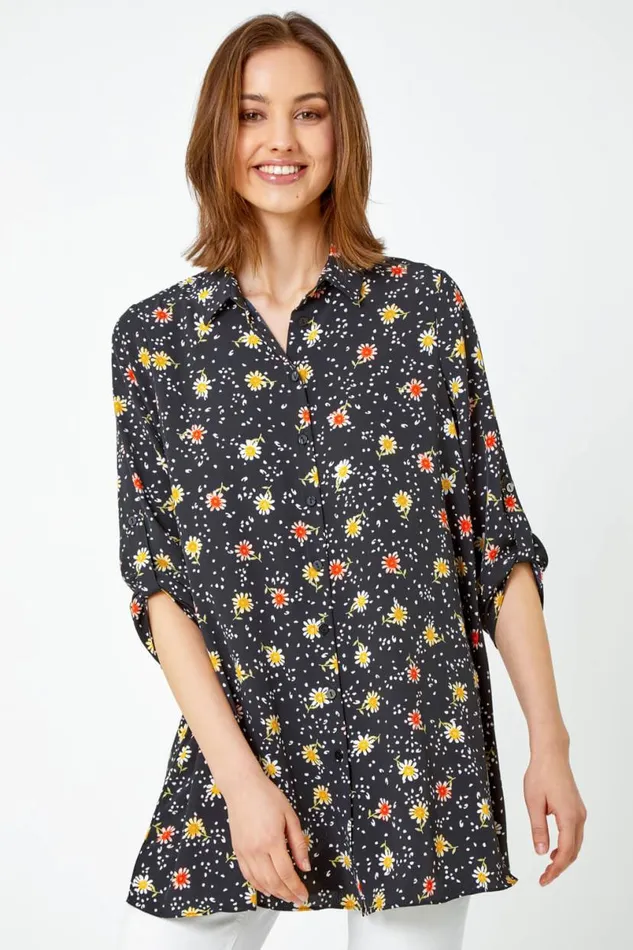 Black Daisy Print Longline Tunic Shirt Women Roman Tops