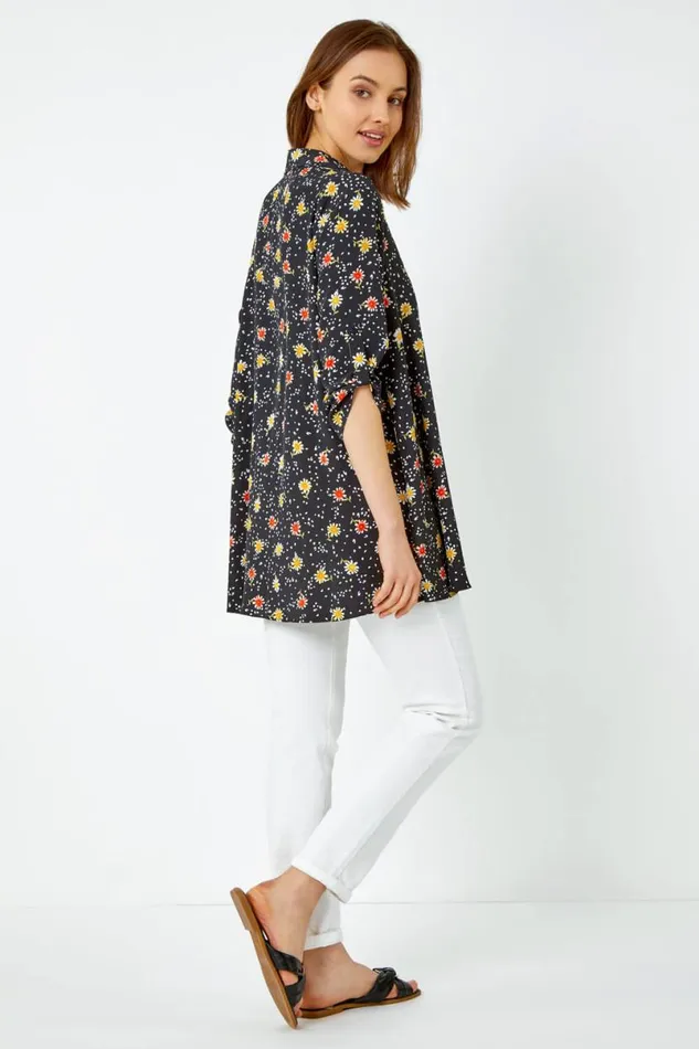 Black Daisy Print Longline Tunic Shirt Women Roman Tops