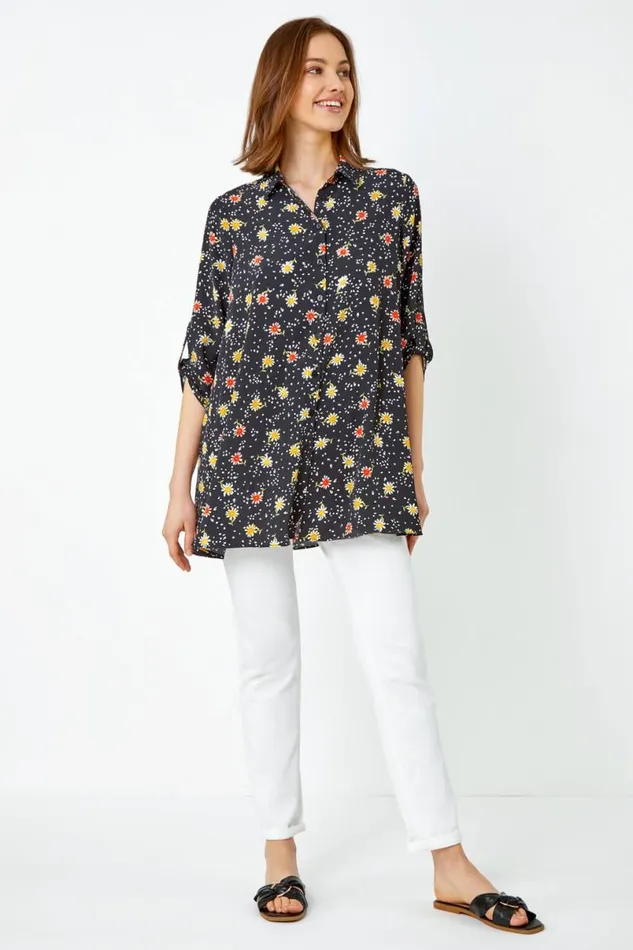 Black Daisy Print Longline Tunic Shirt Women Roman Tops
