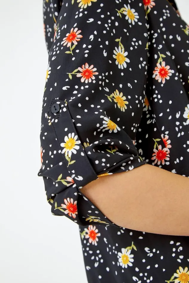 Black Daisy Print Longline Tunic Shirt Women Roman Tops