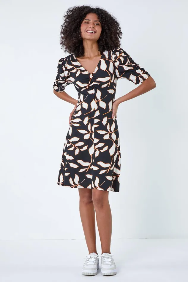 Black Ditsy Leaf Ruched Puff Sleeve Dress Women Roman Dresses