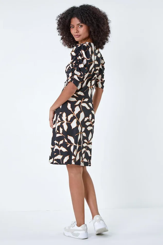Black Ditsy Leaf Ruched Puff Sleeve Dress Women Roman Dresses