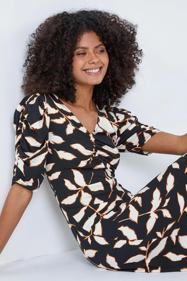 Black Ditsy Leaf Ruched Puff Sleeve Dress Women Roman Dresses