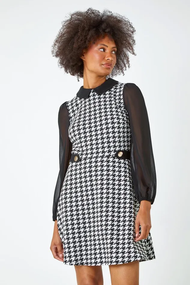 Black Dogtooth Check Stretch Shirt Dress Women Roman Dresses