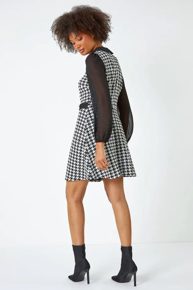 Black Dogtooth Check Stretch Shirt Dress Women Roman Dresses