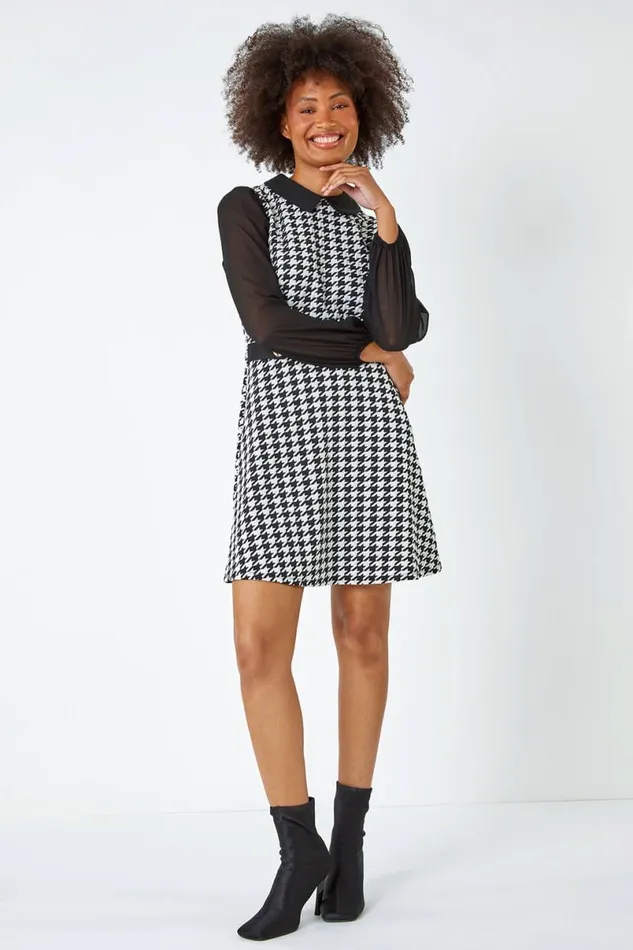 Black Dogtooth Check Stretch Shirt Dress Women Roman Dresses