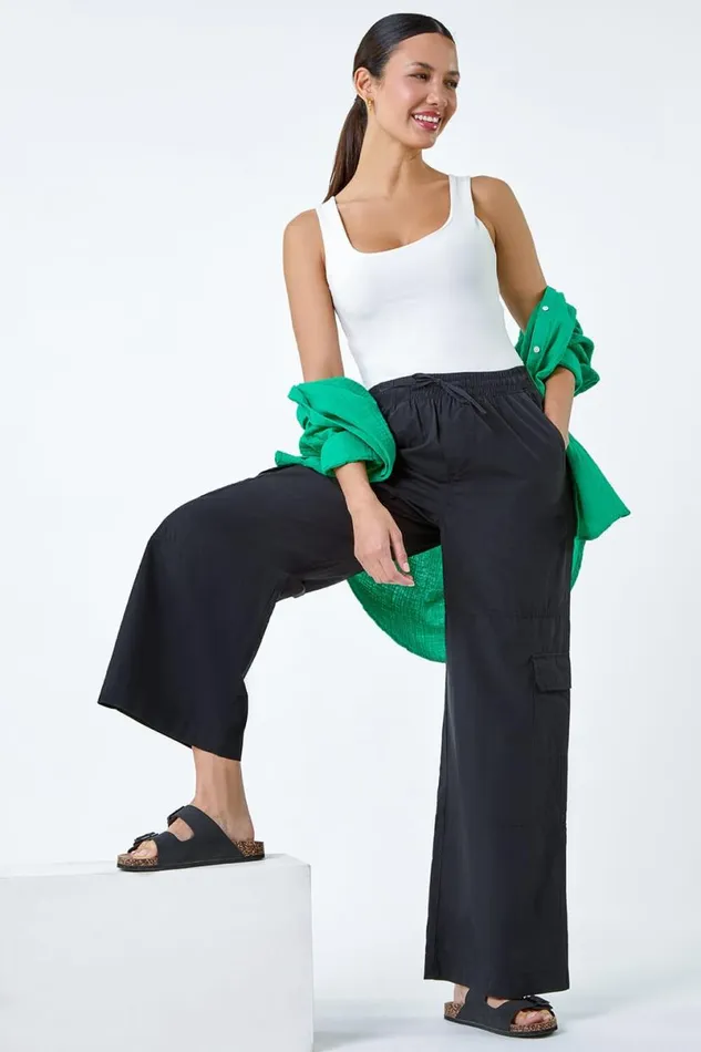 Black Elastic Waist Cotton Wide Leg Cargo Trousers Women Roman Trousers
