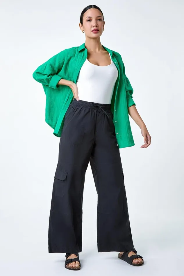 Black Elastic Waist Cotton Wide Leg Cargo Trousers Women Roman Trousers