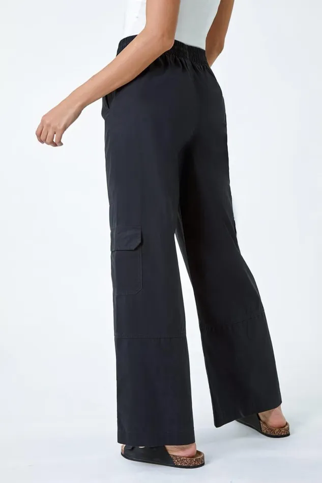 Black Elastic Waist Cotton Wide Leg Cargo Trousers Women Roman Trousers