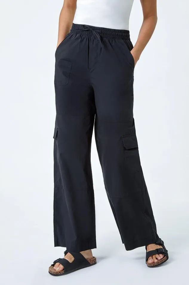 Black Elastic Waist Cotton Wide Leg Cargo Trousers Women Roman Trousers