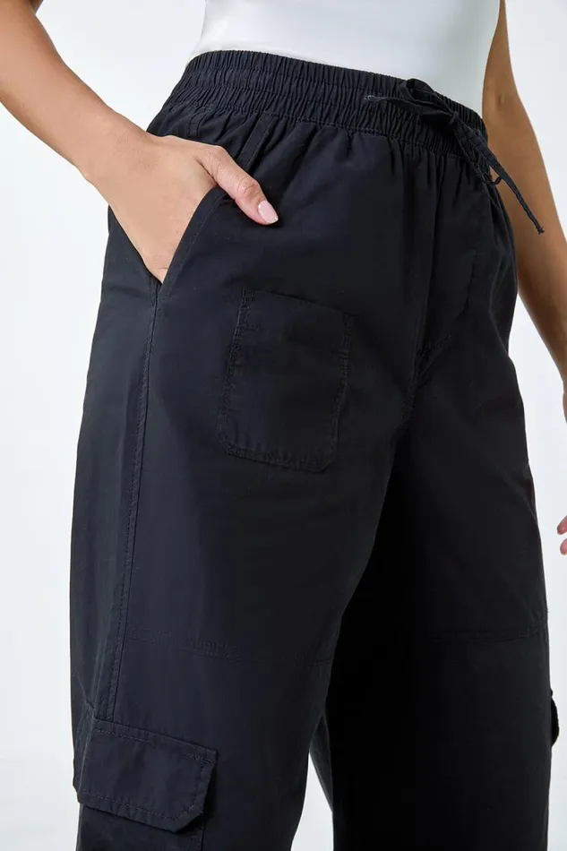 Black Elastic Waist Cotton Wide Leg Cargo Trousers Women Roman Trousers