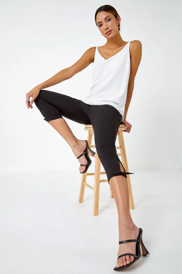Black Elastic Waist Tie Hem Cropped Trousers Women Roman Trousers