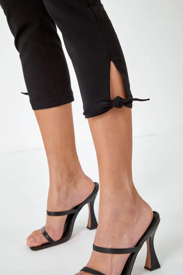 Black Elastic Waist Tie Hem Cropped Trousers Women Roman Trousers