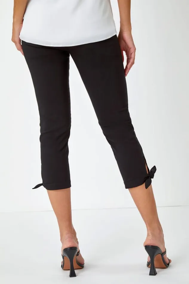 Black Elastic Waist Tie Hem Cropped Trousers Women Roman Trousers