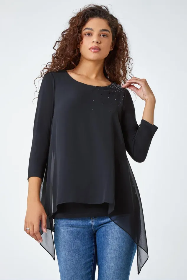 Black Embellished Chiffon Tunic Stretch Top Women Roman Tops
