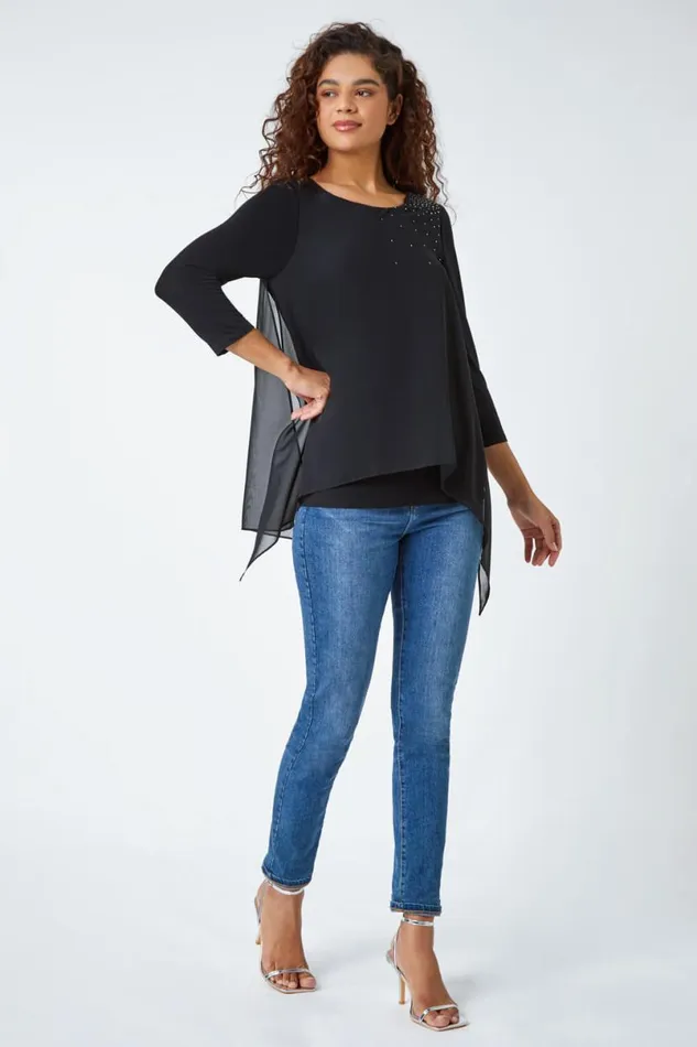 Black Embellished Chiffon Tunic Stretch Top Women Roman Tops