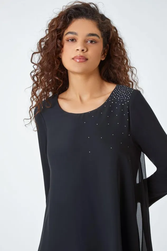 Black Embellished Chiffon Tunic Stretch Top Women Roman Tops