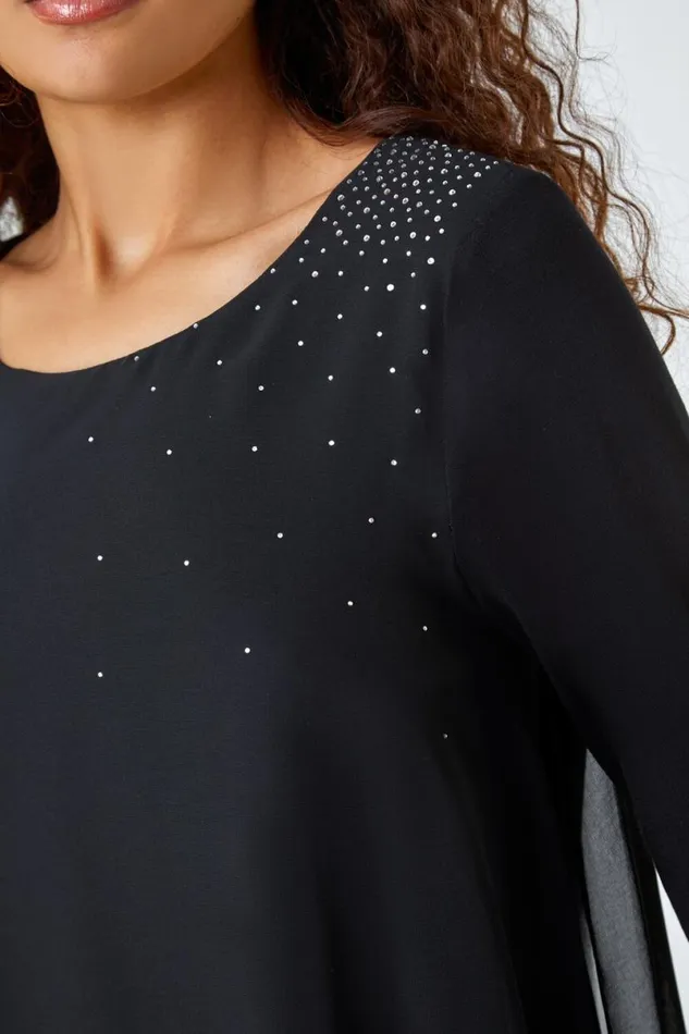 Black Embellished Chiffon Tunic Stretch Top Women Roman Tops