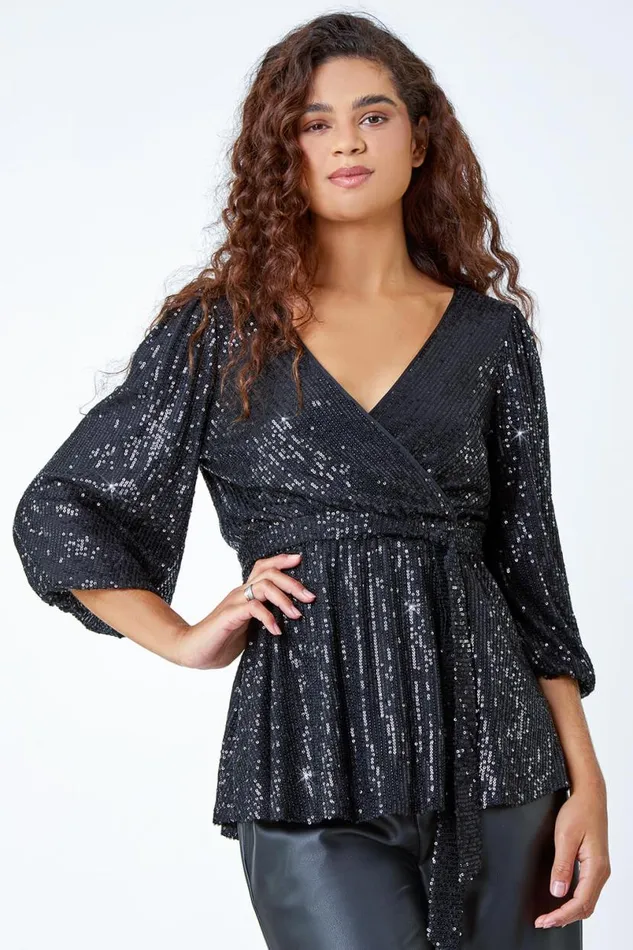 Black Embellished Sequin Stretch Wrap Top Women Roman Tops