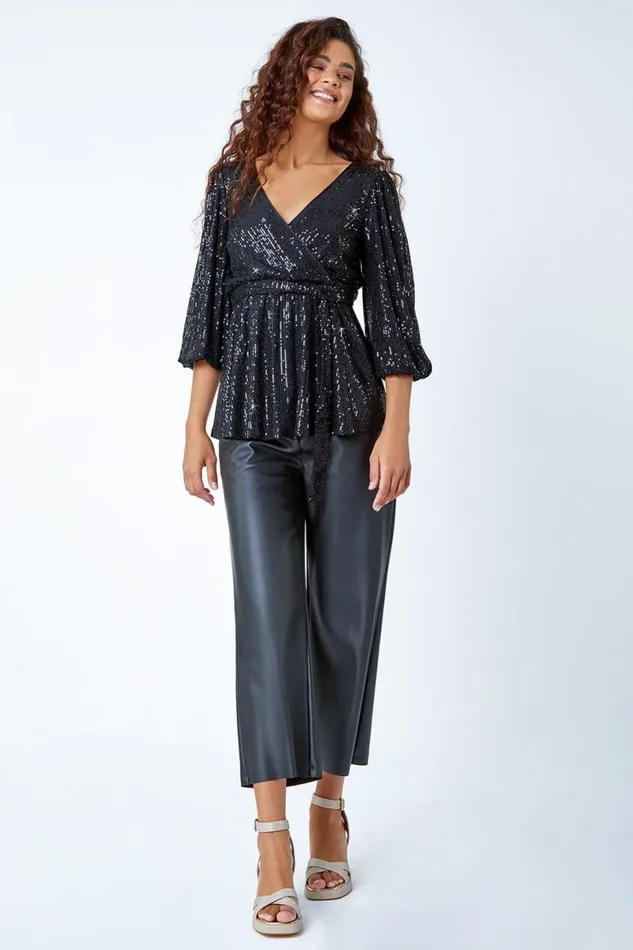 Black Embellished Sequin Stretch Wrap Top Women Roman Tops