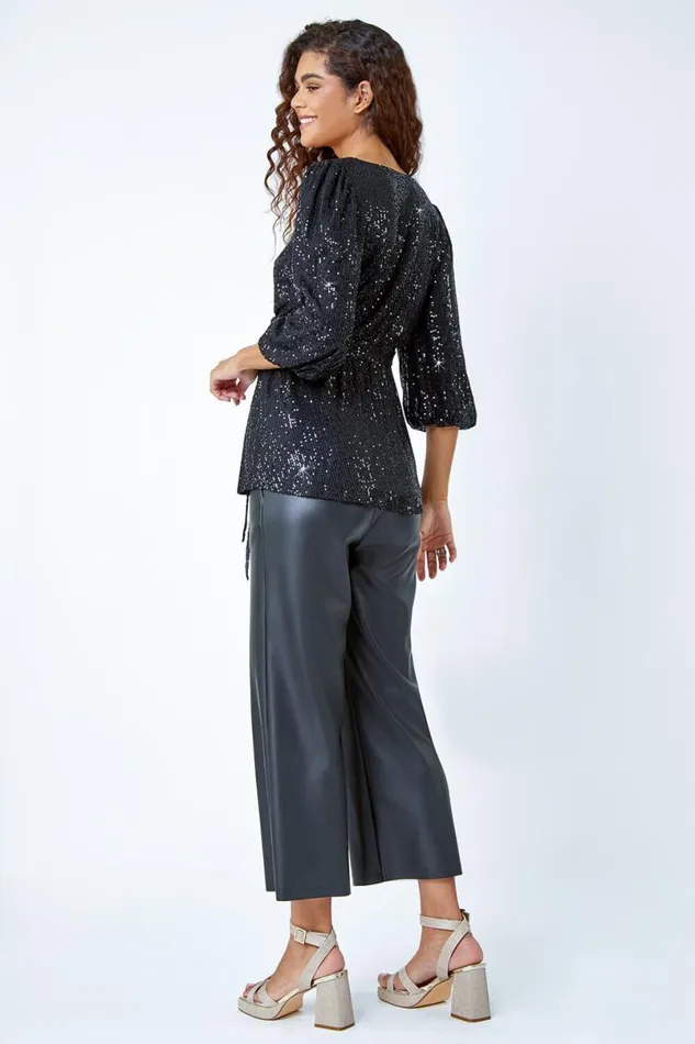 Black Embellished Sequin Stretch Wrap Top Women Roman Tops