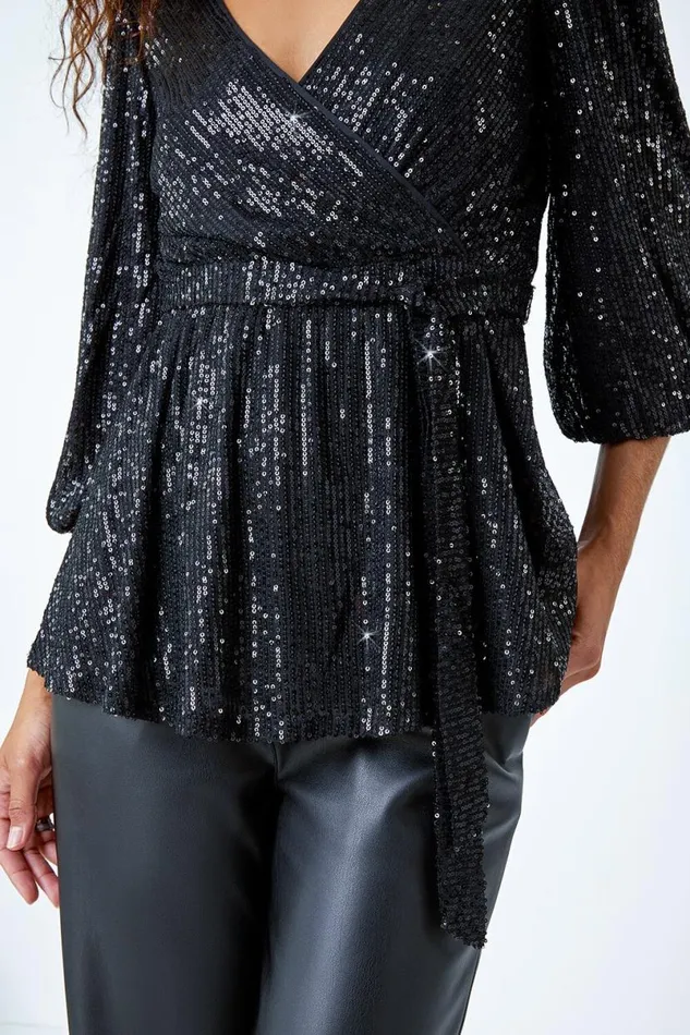 Black Embellished Sequin Stretch Wrap Top Women Roman Tops
