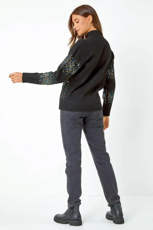 Black Embellished Sequin Stripe Stretch Jumper Women Roman Knitwear