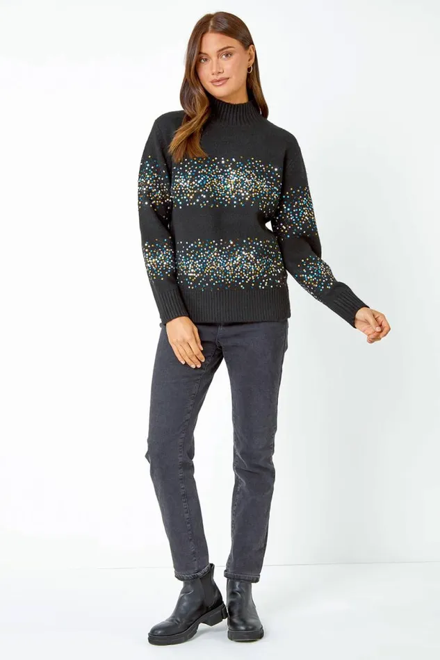 Black Embellished Sequin Stripe Stretch Jumper Women Roman Knitwear