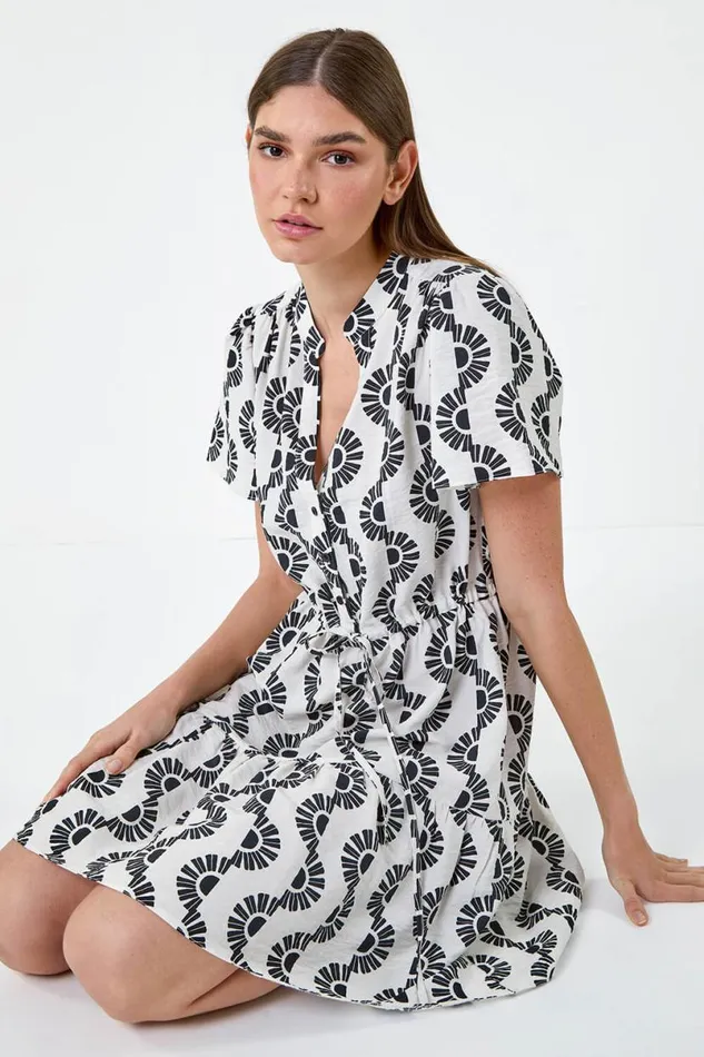 Black Fan Print Frill Hem Shirt Dress Women Roman Dresses