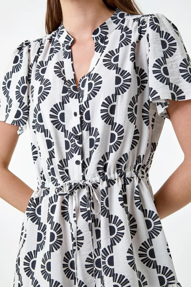 Black Fan Print Frill Hem Shirt Dress Women Roman Dresses