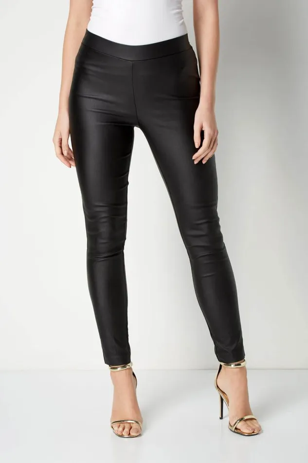 Black Faux Leather Pull On Elastic Waist Trousers Women Roman Occasionwear