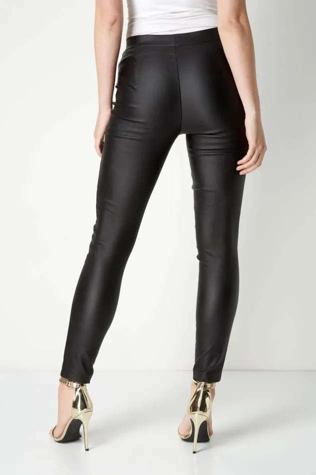 Black Faux Leather Pull On Elastic Waist Trousers Women Roman Occasionwear