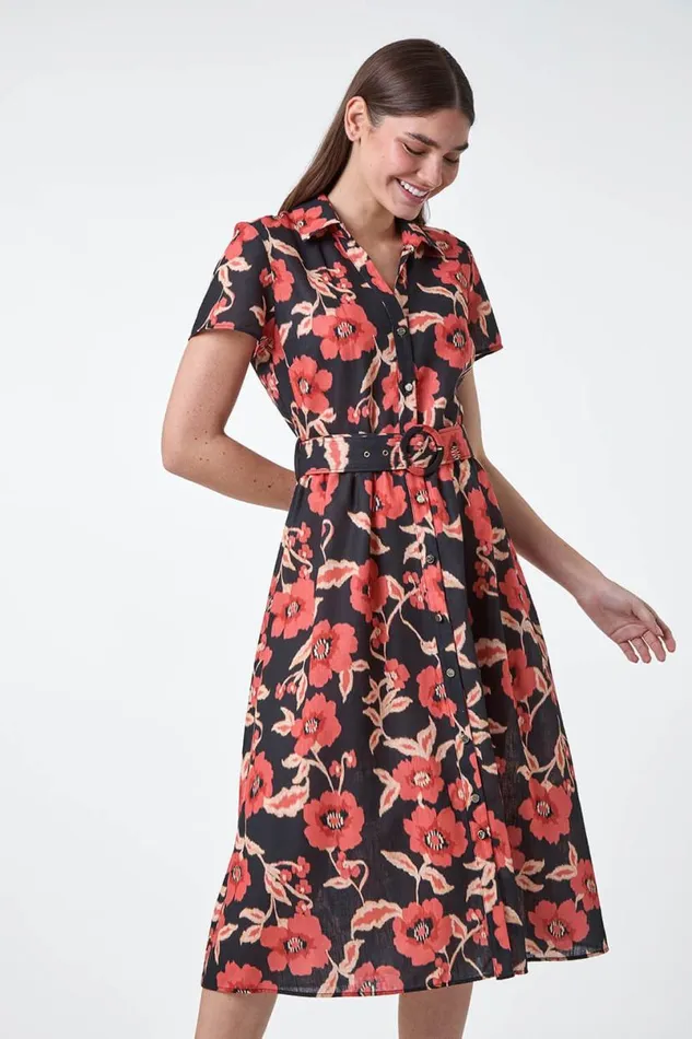 Black Floral Linen Look Belted Shirt Dress Women Roman Dresses