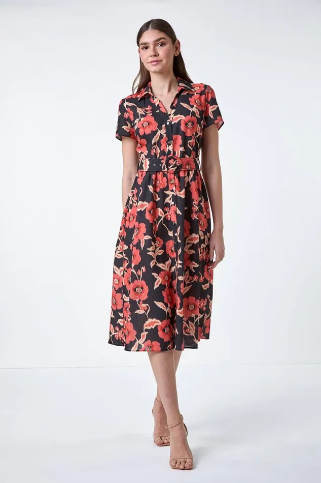 Black Floral Linen Look Belted Shirt Dress Women Roman Dresses