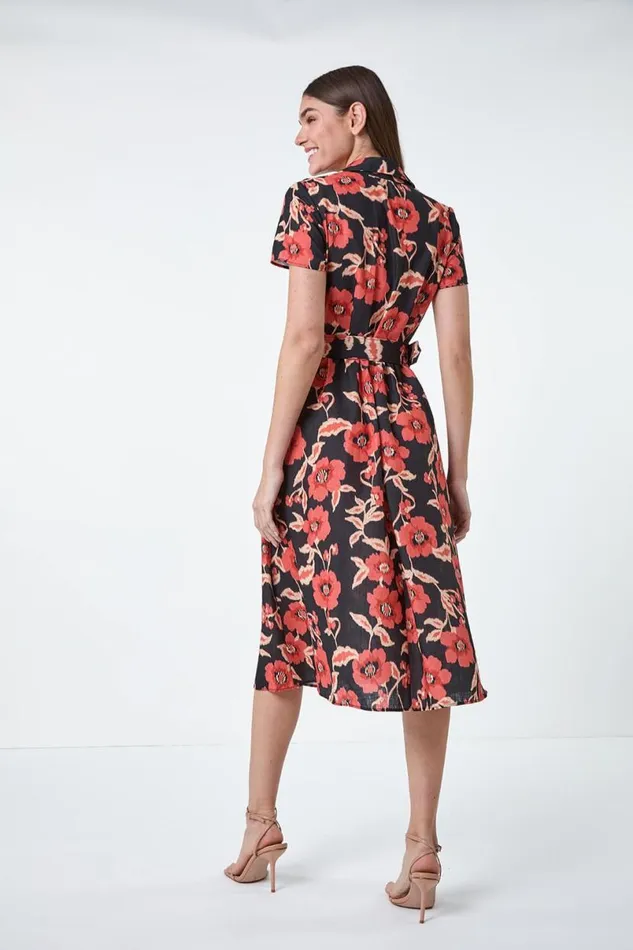 Black Floral Linen Look Belted Shirt Dress Women Roman Dresses