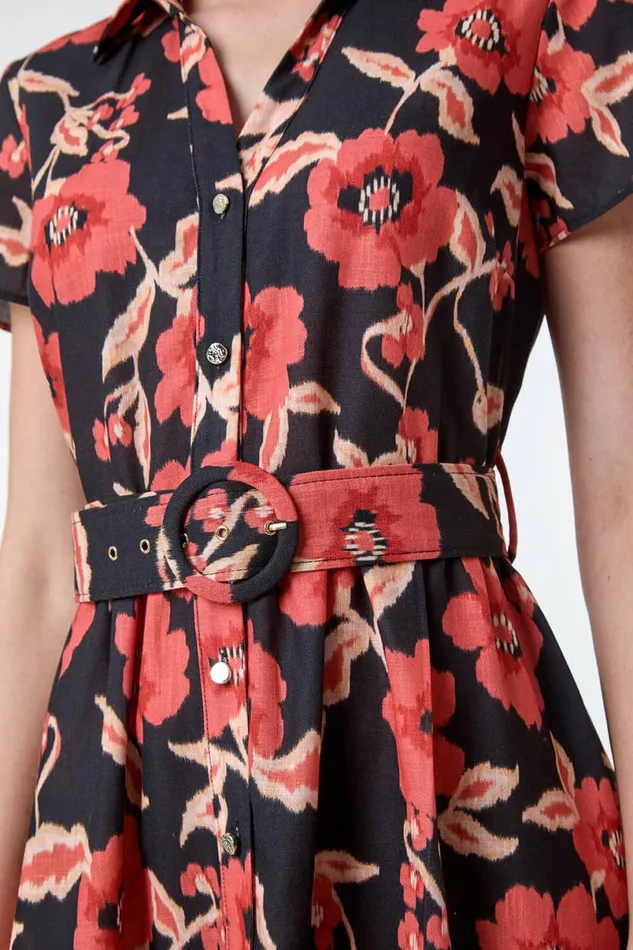Black Floral Linen Look Belted Shirt Dress Women Roman Dresses