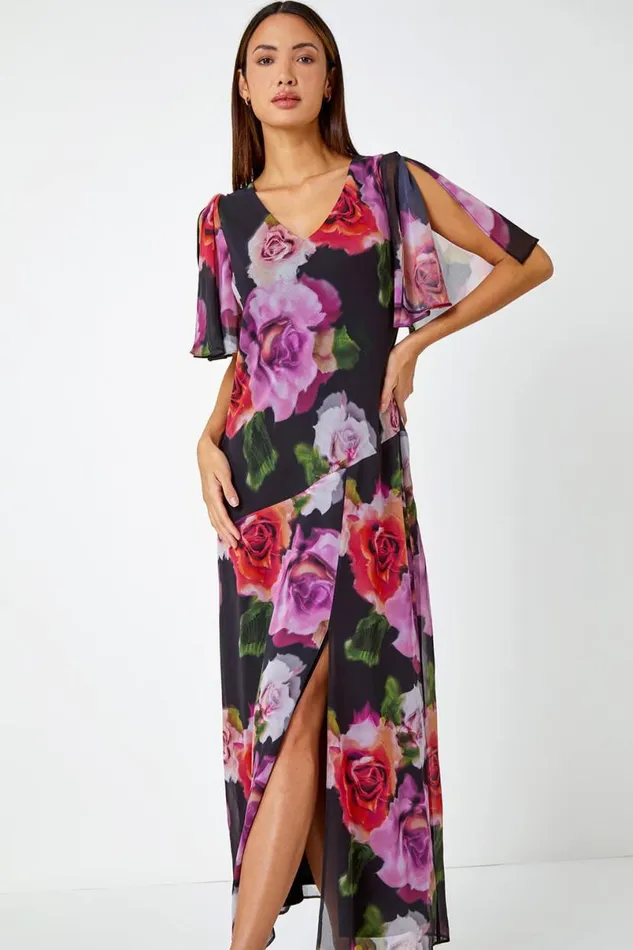 Black Floral Print Chiffon Tie Back Maxi Dress Women Roman Dresses