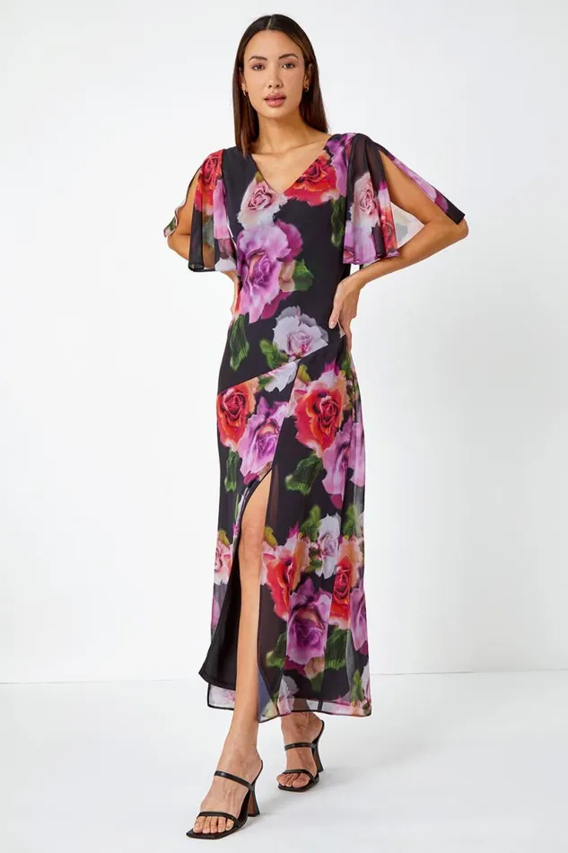 Black Floral Print Chiffon Tie Back Maxi Dress Women Roman Dresses
