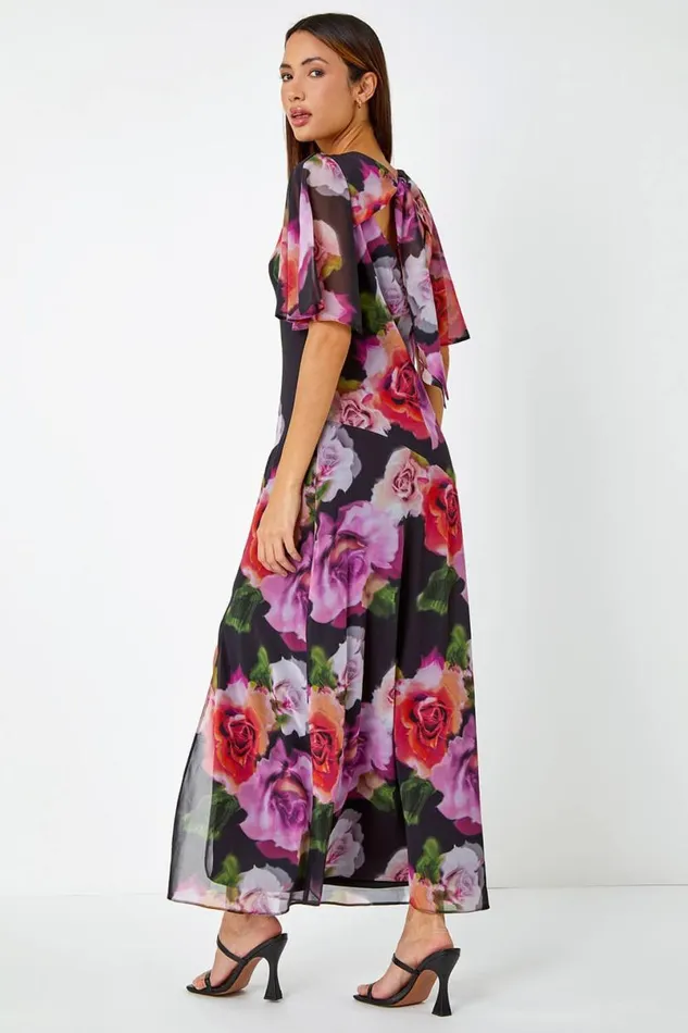 Black Floral Print Chiffon Tie Back Maxi Dress Women Roman Dresses