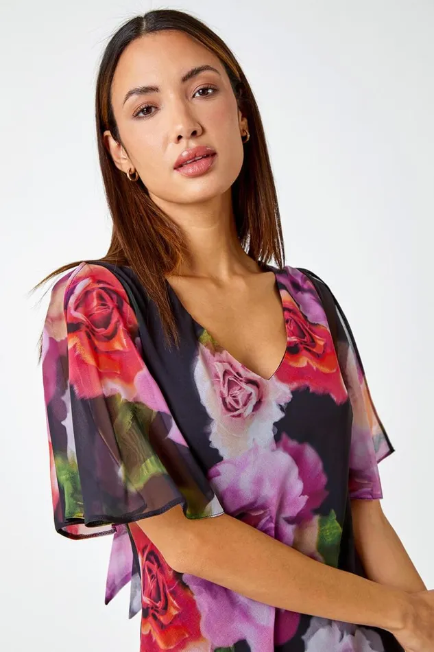 Black Floral Print Chiffon Tie Back Maxi Dress Women Roman Dresses